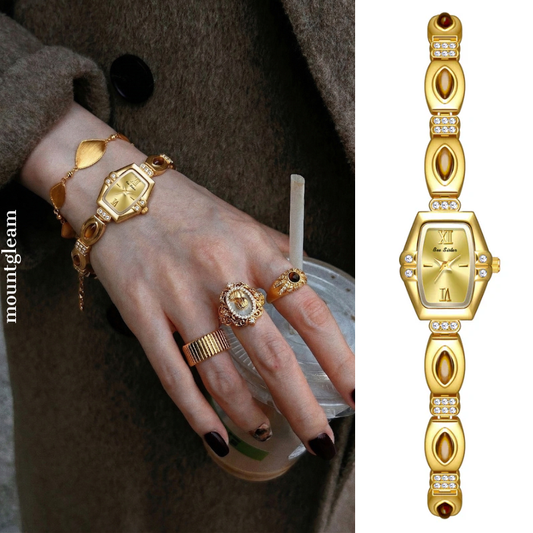 Elegant Vintage Gold Tone Watch with Peacock Gemstone Inlay & Alloy Bracelet, Quartz Movement