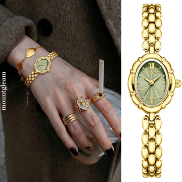 Élise Verde – Elegant Gold Bracelet Women’s Quartz Watch with Green Oval Dial