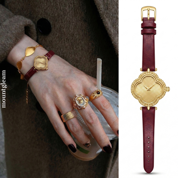Vintage Luxury: Red Leather Clover Quartz Watch