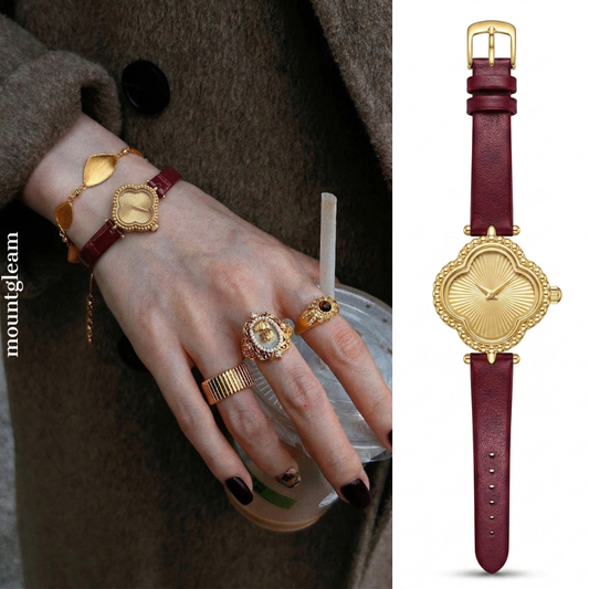 Vintage Luxury: Red Leather Clover Quartz Watch