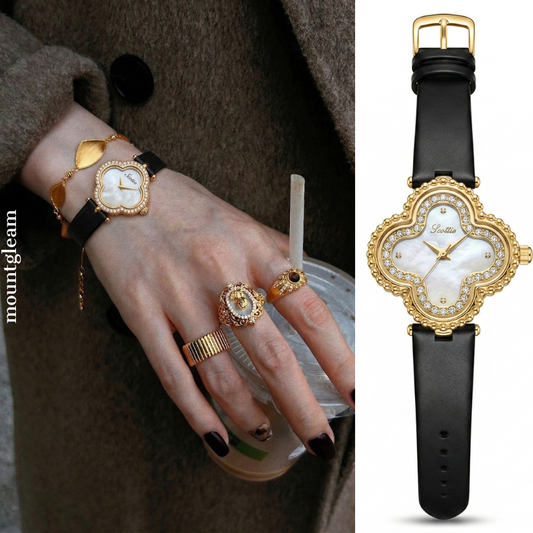 Black Leather Strap Watch with Diamond-Accented Clover Case & White Mother-of-Pearl Dial – Women’s Quartz Watch