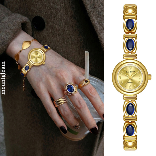 Celeste Ora – Blue Agate Gold Bracelet Watch with Retro Charm