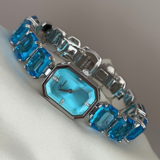 Blue Elegance: Blue Rectangular Dial Watch with Silver Rectangular Bezel & Blue Gemstone-Set Silver Chain Bracelet