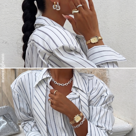 Luxe Modern: Gold Rectangular Dial Watch with Cut Square Link Bracelet