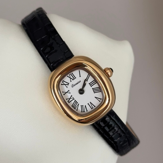 Feminine Luxury: White Oval Dial Watch with Gold Oval Bezel & Black Genuine Leather Strap