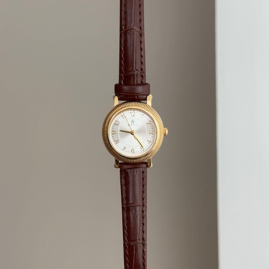Classic Everyday: Silver Round Dial Watch with Gold Bezel & Brown Leather Strap
