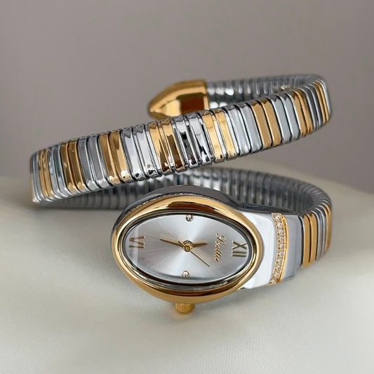 Dual-Tone Loop: Silver Oval Dial Watch with Gold Bezel & Alternating Two-Tone Loop Steel Bracelet