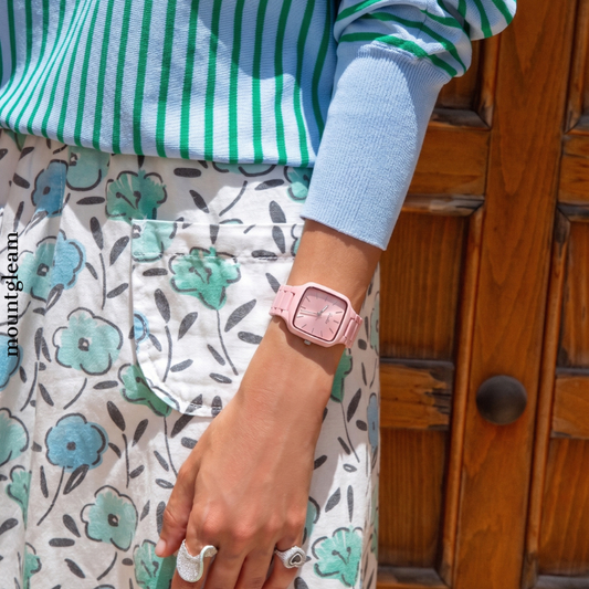 Soft Pink: Pink Rectangular Dial Watch with Matching Bezel & Bracelet