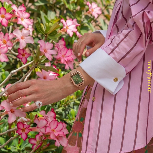 Emerald Muse – Women’s Rose Gold Rectangular Watch with Green Dial