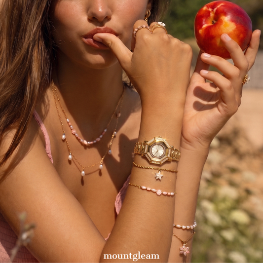 Geometric Glam: White Round Diamond Dial Watch with Gold Octagonal Diamond Bezel & Gold Bracelet