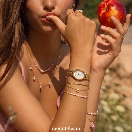 Warm Gold Elegant: White Oval Dial Watch with Gold Oval Bezel & Matching Bracelet