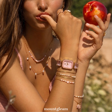 Gemstone Shine: Pink Rectangular Dial Watch with Gold Rectangular Bezel & Pink Gemstone Chain Bracelet