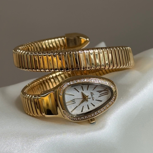 Statement Jewelry：White Serpent Head Dial Watch – Gold Serpent Head Bezel & Gold Stainless Steel Serpent Cuff Bracelet