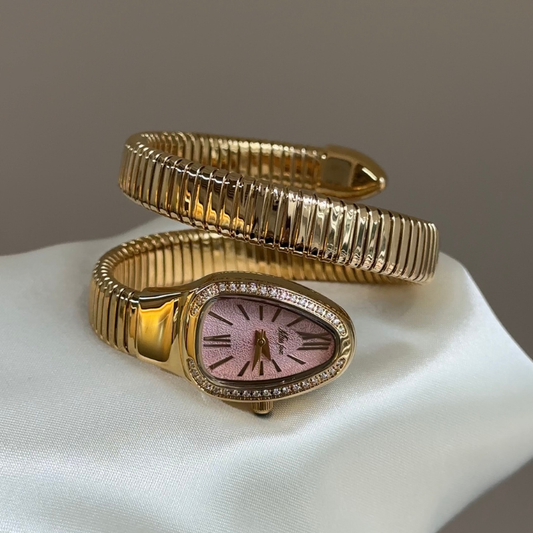 Feminine Serpent Charm：Pink Serpent Head Dial Watch – Gold Serpent Head Bezel & Gold Stainless Steel Serpent Cuff Bracelet