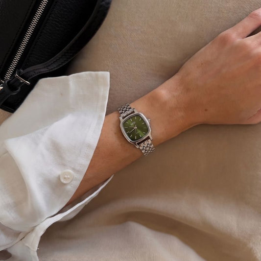 Silver Steel Link Timepiece: Mini Square Green Dial Watch