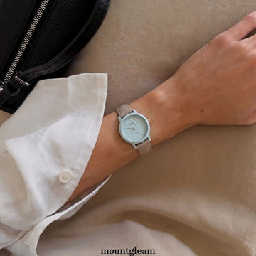 Women's Quartz Watch with Slim Gray Leather Strap & Blue Round Dial | Elegant Blue Case Dress Watch
