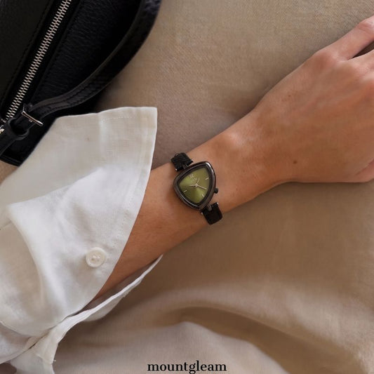 Modern Teardrop Green Dial Black Case Microfiber Leather Strap Geometric Watch