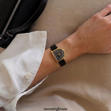 D-Shape Dial Watch with Gold Bezel & Black Genuine Leather Strap