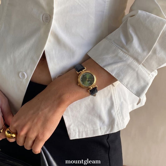 Vintage Black Leather Gold Case Green Dial Waterproof Ladies' Quartz Watch