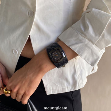 Contemporary Square Black Dial Black Case Genuine Leather  Strap Quartz Watch