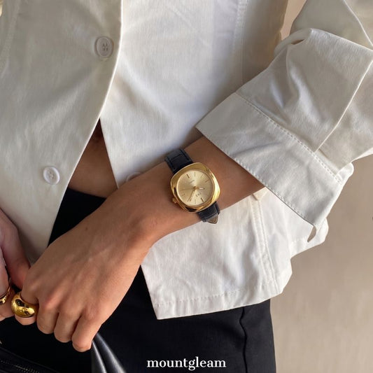 Gold Round Dial Black Genuine Leather Strap Quartz Watch for Daily Commute