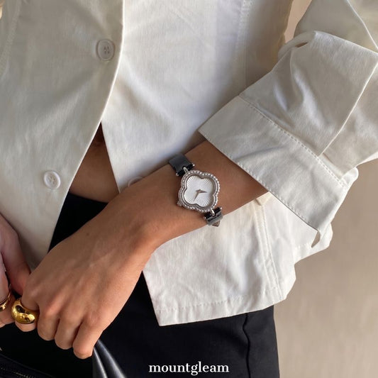 Clover Grace – Women’s Silver Clover Dial Watch with Ultra-Slim Black Strap