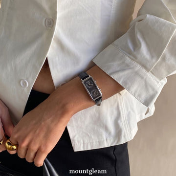 Business Utility: Black Rectangular Dual Time Zone Dial Watch with Silver Bezel & Black Leather Strap