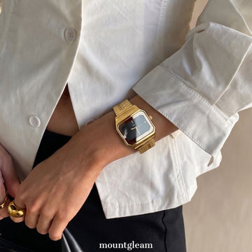 Gold Rectangular Watch for Women with Black Dial | Elegant Quartz Watch