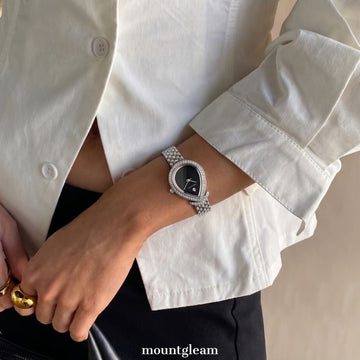 Silver Women’s Watch – Teardrop Crystal Case with Black Dial | Dainty Bracelet Style | Dew