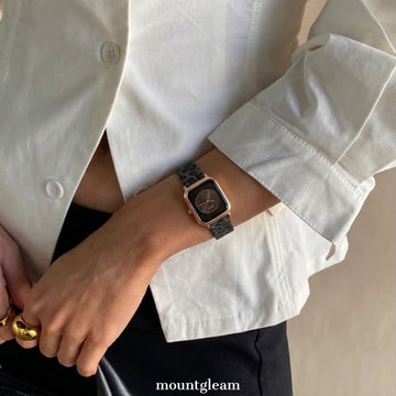 Bold Chic: Black Rectangular Dial Watch with Rose Gold Bezel & Black Leopard Print Silicone Strap