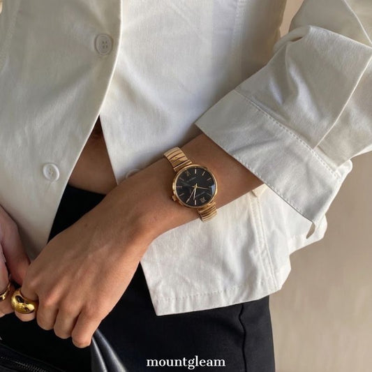 Daily Wear Watch: Black Dial, Gold Bezel & Comfort Fit Stretch Bracelet