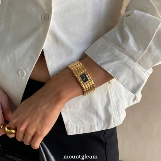 Aurum Bold – Gold Wide Strap Black Rectangle Mini Dial Women’s Quartz Watch
