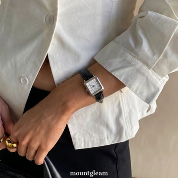 Black Women’s Watch – Square Silver Dial Watch with Genuine Leather Strap | Luna