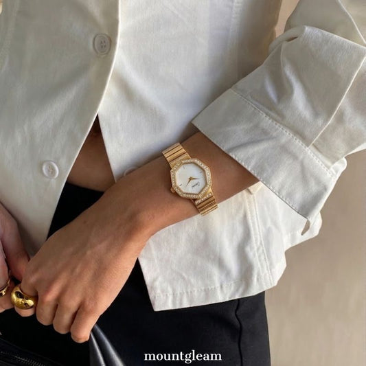 Geometric Art White Octagonal Irregular Dial Gold Diamond Quartz Watch
