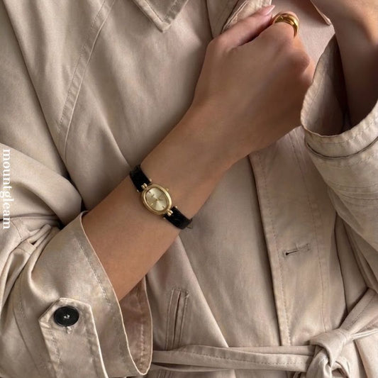Vintage French-Inspired Quartz Watch for Women – Gold Oval Dial & Black Leather Strap