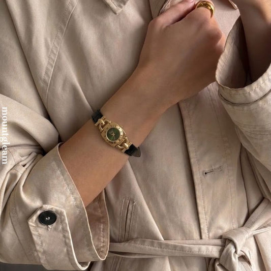 Vintage Noir Timepiece: Black and Gold Green Dial Leather Watch