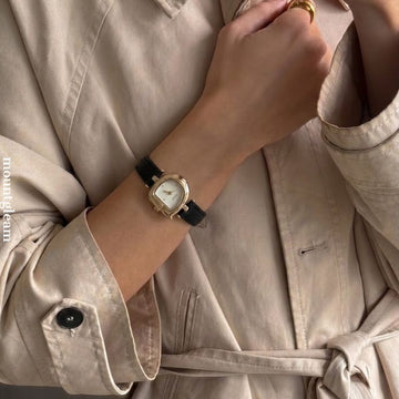 Women's Quartz Watch with Black Leather Strap, Gold Case & Gold D-Shaped Dial – Elegant Everyday Dress Watch for Women
