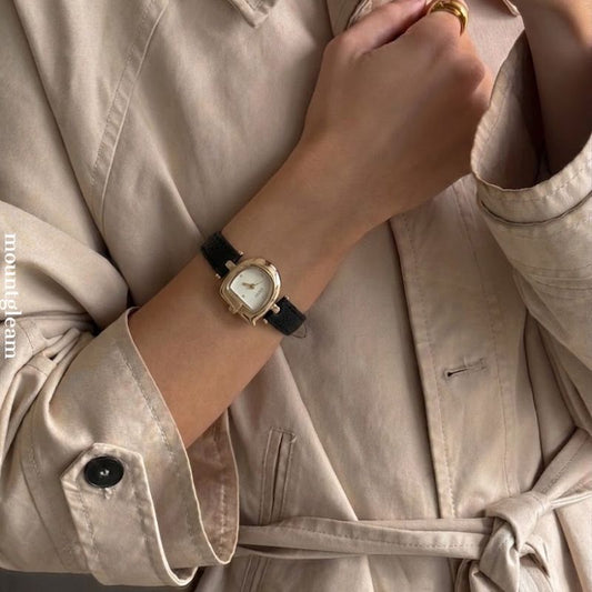 Women's Quartz Watch with Black Leather Strap, Gold Case & Gold D-Shaped Dial – Elegant Everyday Dress Watch for Women