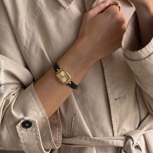 Timeless Elegance: Gold Rectangular Dial Watch with Black Genuine Leather Strap