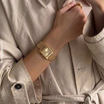 Modern Minimalist Gold Rectangular Dial Watch - Stainless Steel Quartz Bracelet
