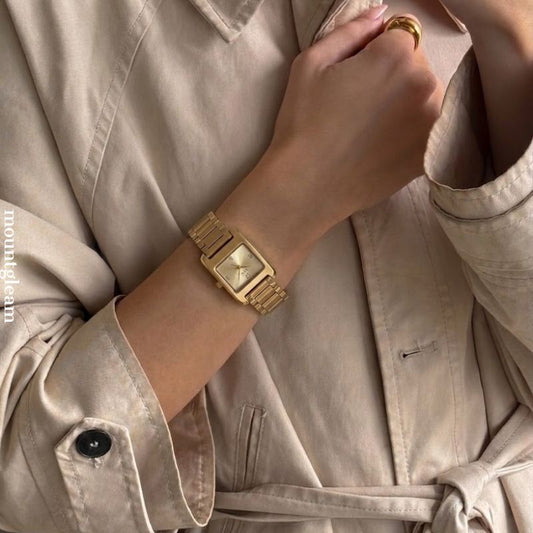 Modern Minimalist Gold Rectangular Dial Watch - Stainless Steel Quartz Bracelet