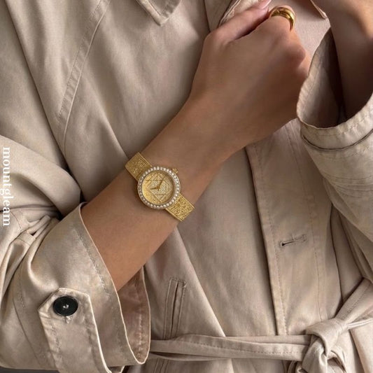 Radiant Luxe: Gold Round Dial Watch with Gold Diamond Bezel & Gold Stainless Steel Bracelet