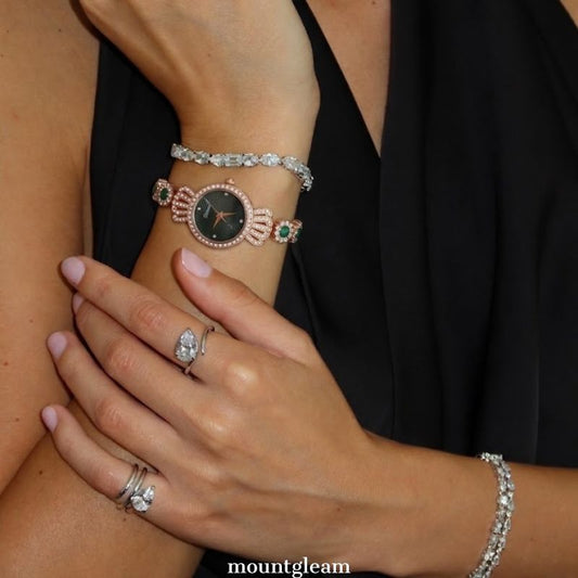 Crown Glamour: Green Round Dial Watch with Rose Gold Crown Diamond Bezel & Gemstone Bracelet