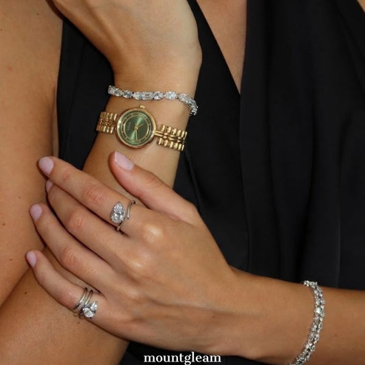 Golden Warmth: Green Round Dial Watch with Gold Bezel & Gold Stainless Steel Bracelet