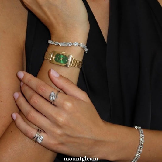 Everyday Luxe: Green Oval Dial Watch with Gold Rectangular Bezel & Wheat-Pattern Bracelet