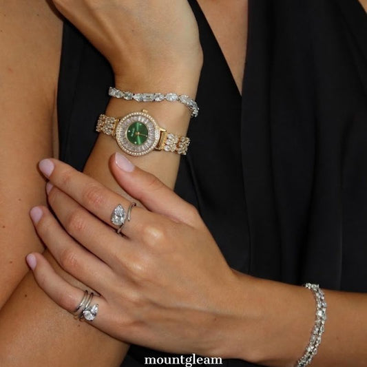 Opulent Allure: Green Dial Watch with Gold Diamond Bezel & Diamond-Set Bracelet