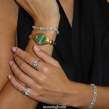 Warm Oval: Green Oval Dial Watch with Gold Bezel & Gold Stainless Steel Bracelet