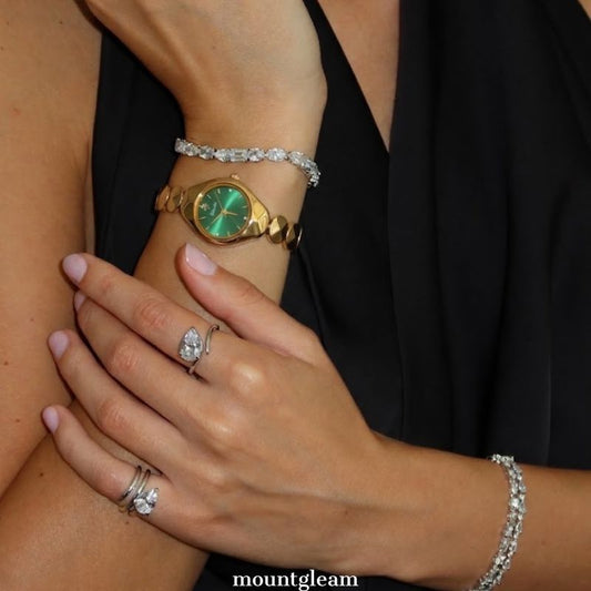 Warm Oval: Green Oval Dial Watch with Gold Bezel & Gold Stainless Steel Bracelet