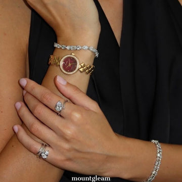 Quilted Texture: Red Round Dial Watch with Gold Diamond Bezel & Gold Quilted Chain Bracelet