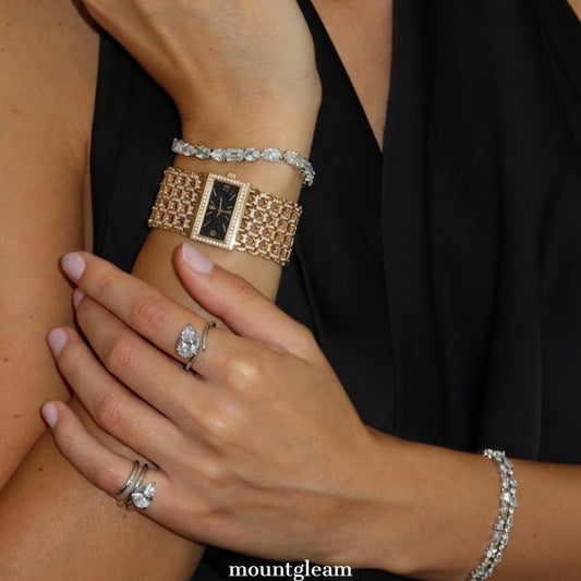 Modern Full Crystal Watch - Black Dial Gold Wide Bracelet Quartz